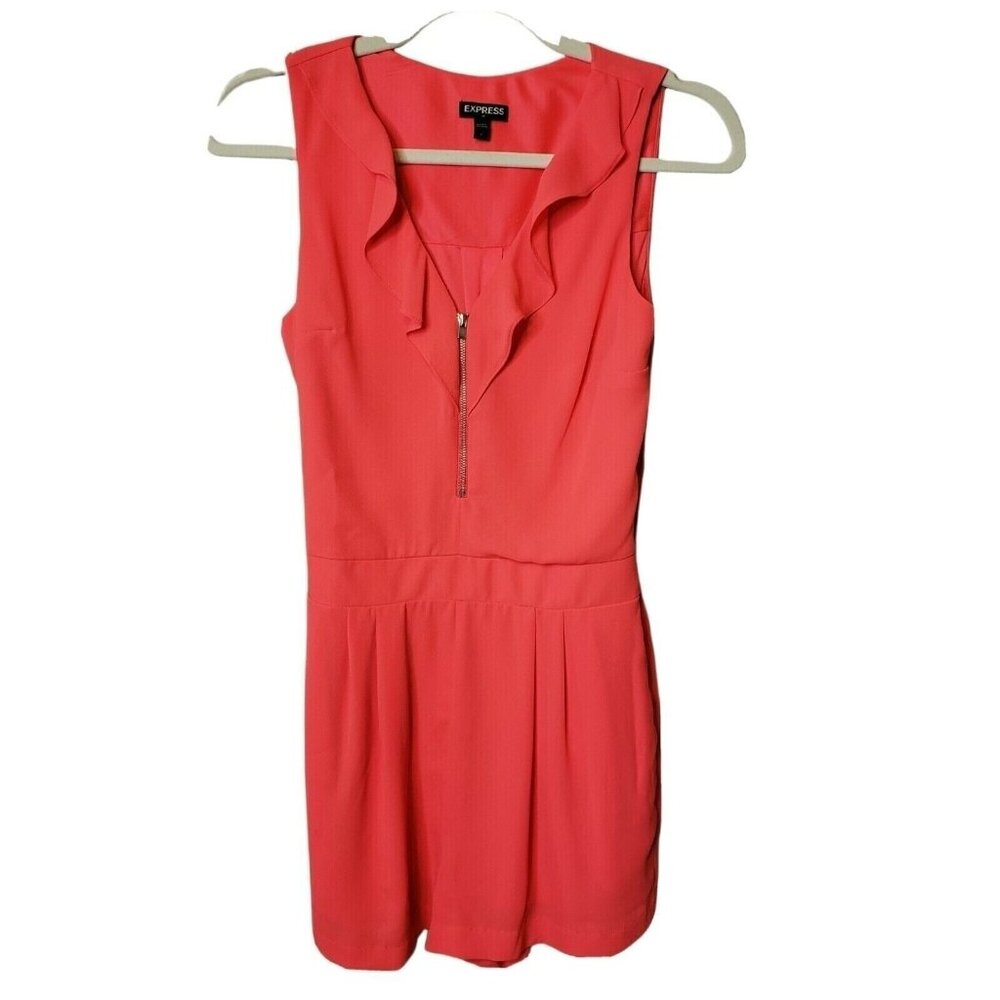 Express Womens Size 0 Romper Coral Pink Ruffled Zip Front Sleeveless Pockets‎